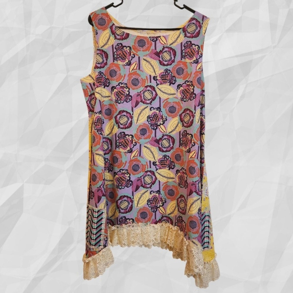 Sew Knot Serious XL Floral Lace Trim Tunic Dress Sleeveless‎ Purple Yellow Boho